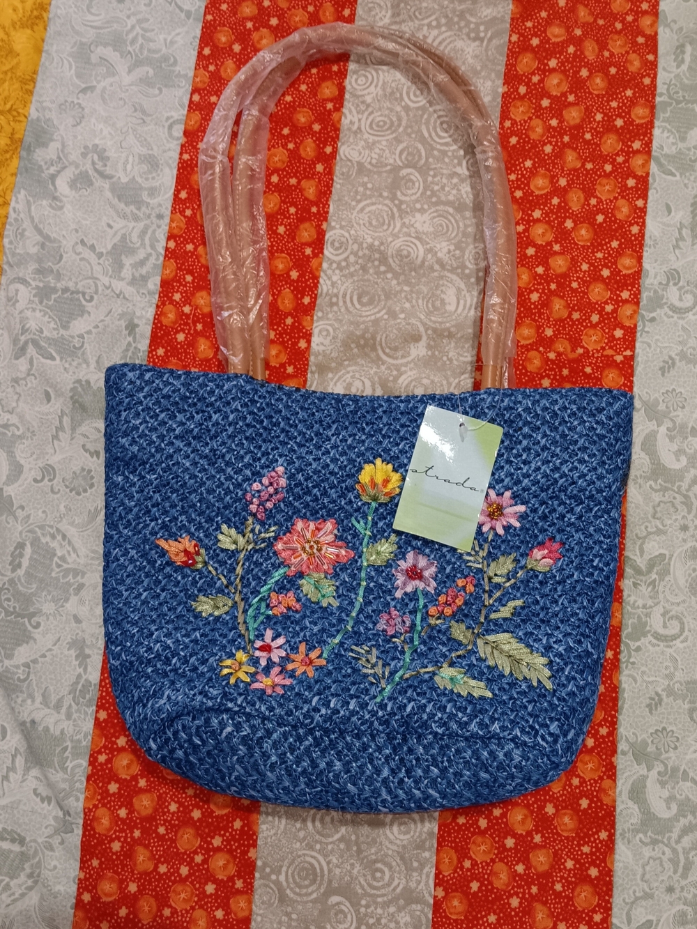 Blue Floral Embroidered Straw Tote Bag
